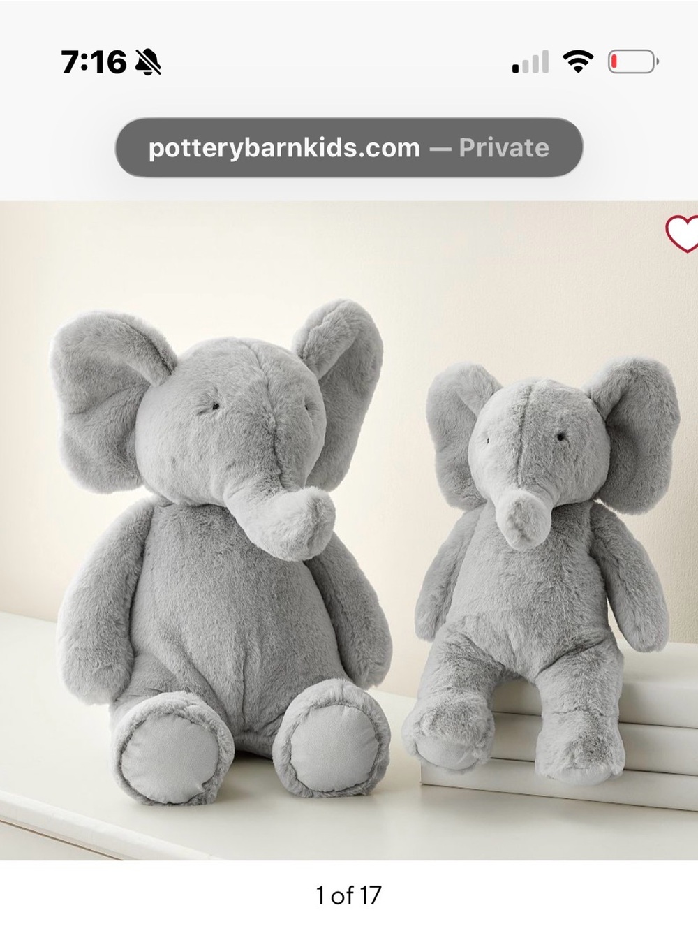 Pottery Barn Kids plush critter size medium Light Gray Plush Elephant